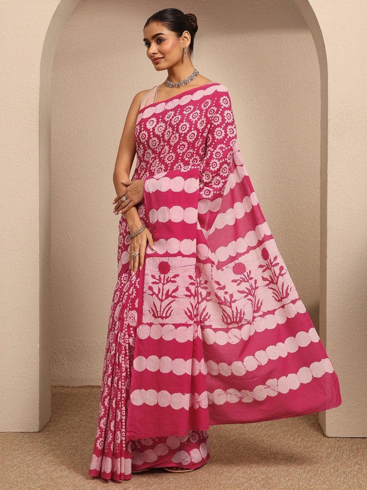 Pink Ikat Printed Cotton Saree With Unstitched Blouse Piece