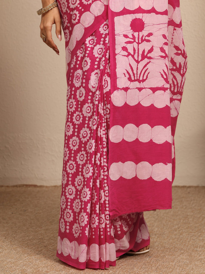Pink Ikat Printed Cotton Saree With Unstitched Blouse Piece