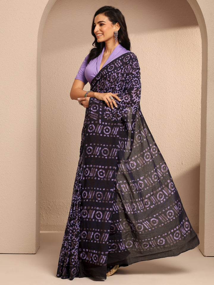 Purple Printed Cotton Saree With Unstitched Blouse Piece