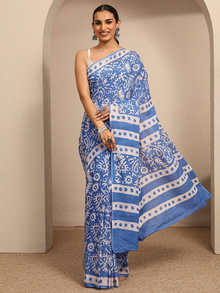 Blue Printed Cotton Saree With Unstitched Blouse Piece