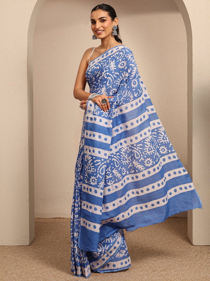 Blue Printed Cotton Saree With Unstitched Blouse Piece