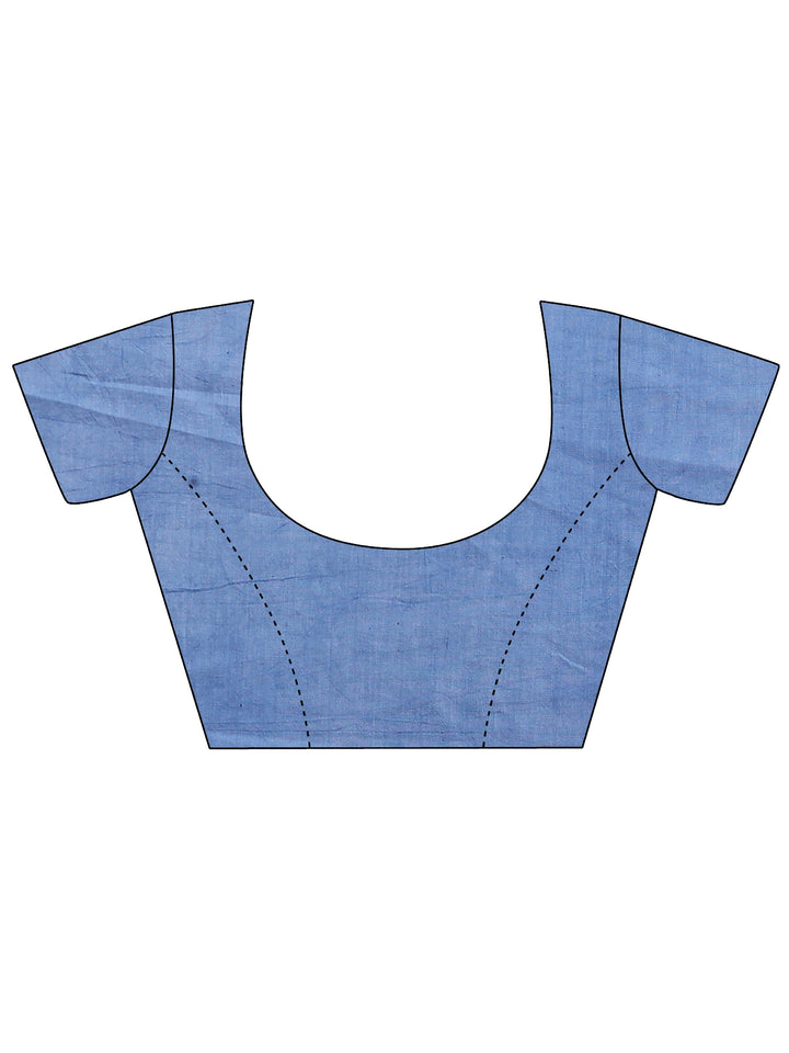 Blue Printed Cotton Saree With Unstitched Blouse Piece