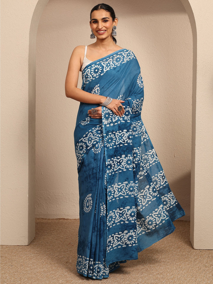 Blue Ikat Printed Cotton Saree With Unstitched Blouse Piece