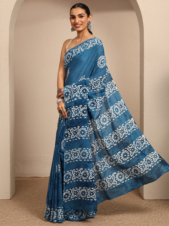 Blue Ikat Printed Cotton Saree With Unstitched Blouse Piece