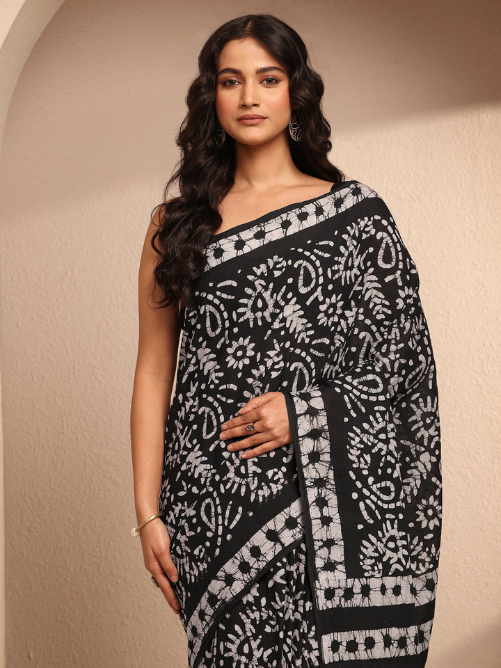 Black Printed Cotton Saree With Unstitched Blouse Piece