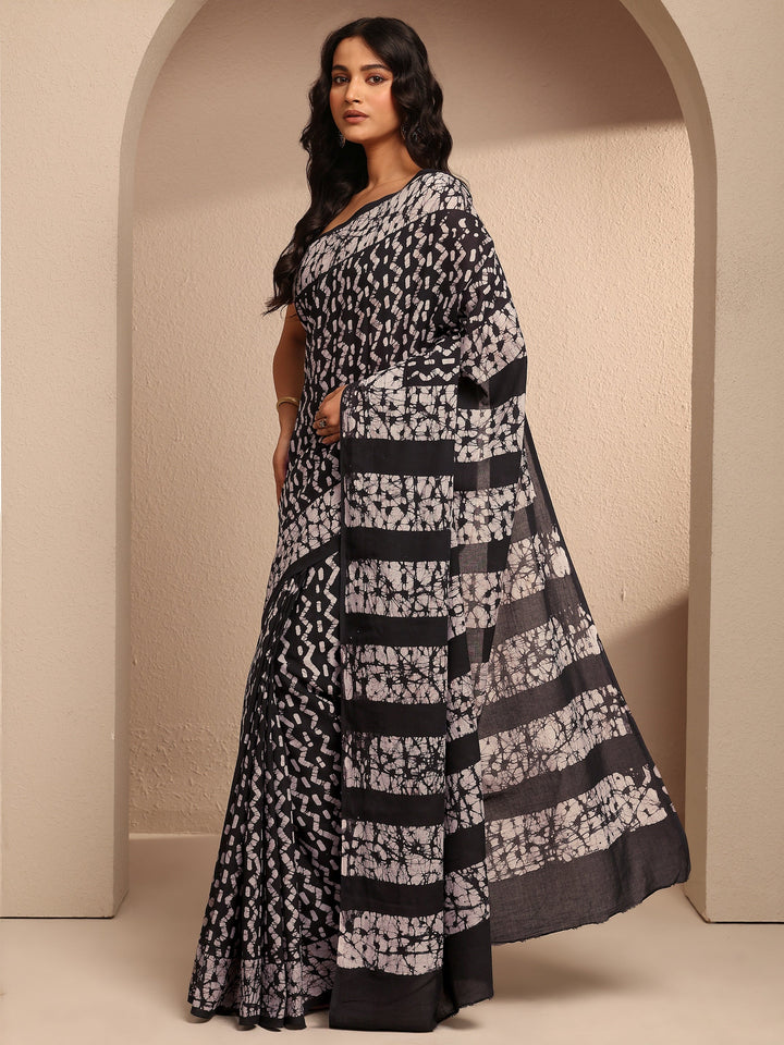 Black Printed Cotton Saree With Unstitched Blouse Piece