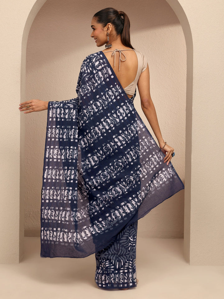 Navy Blue Solid Cotton Saree With Unstitched Blouse Piece