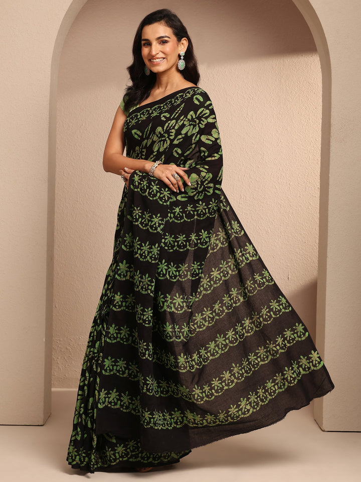 Black Printed Cotton Saree With Unstitched Blouse Piece