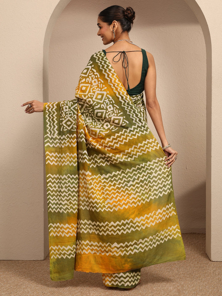 Mustard Ikat Printed Cotton Saree With Unstitched Blouse Piece