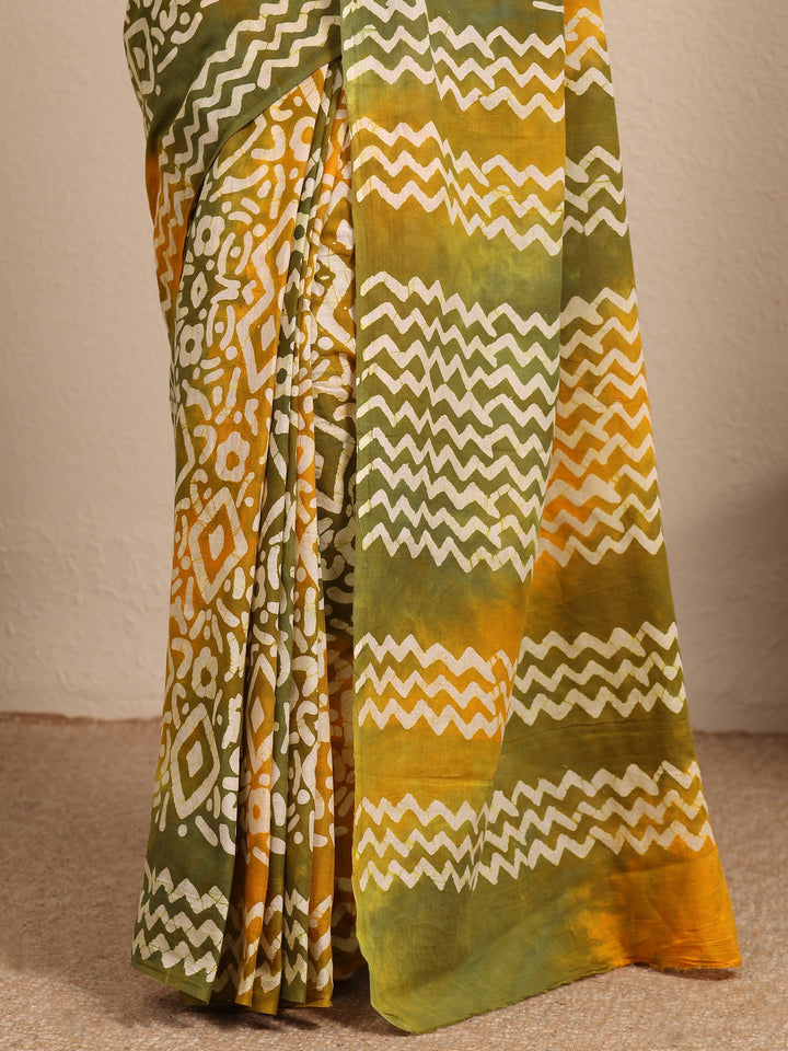 Mustard Ikat Printed Cotton Saree With Unstitched Blouse Piece