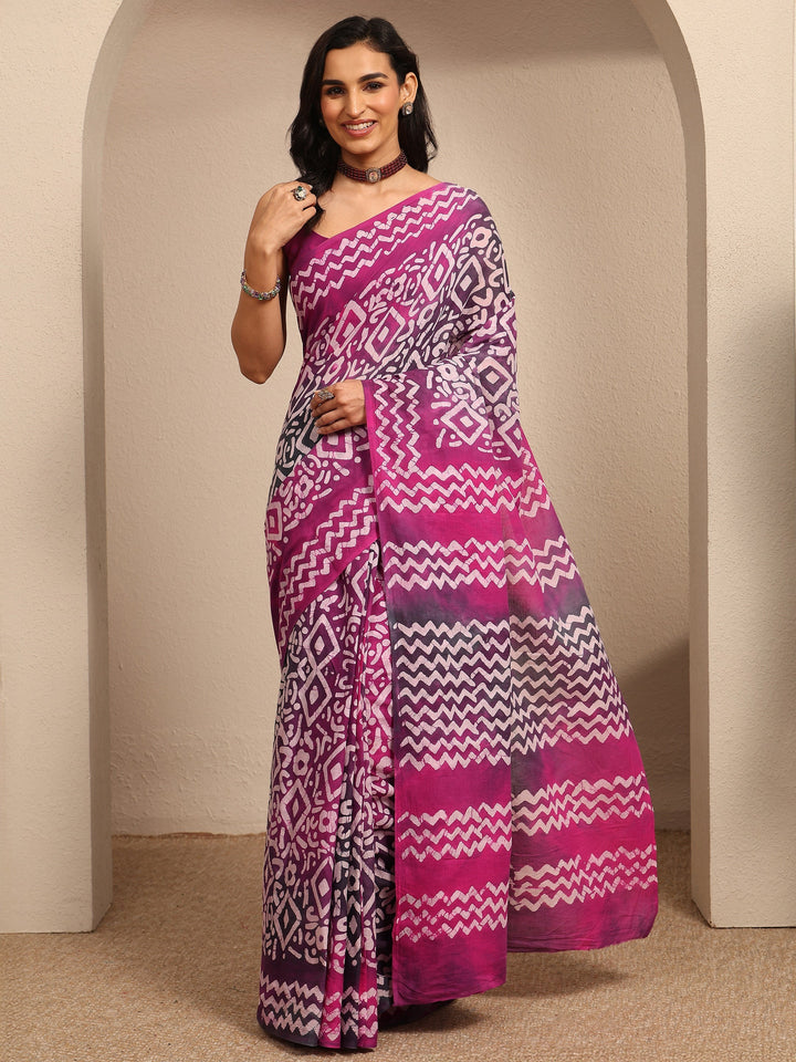 Pink Printed Cotton Saree With Unstitched Blouse Piece