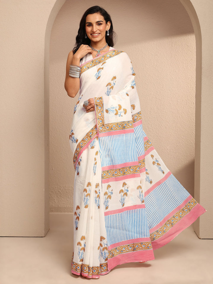 White Printed Cotton Saree With Unstitched Blouse Piece