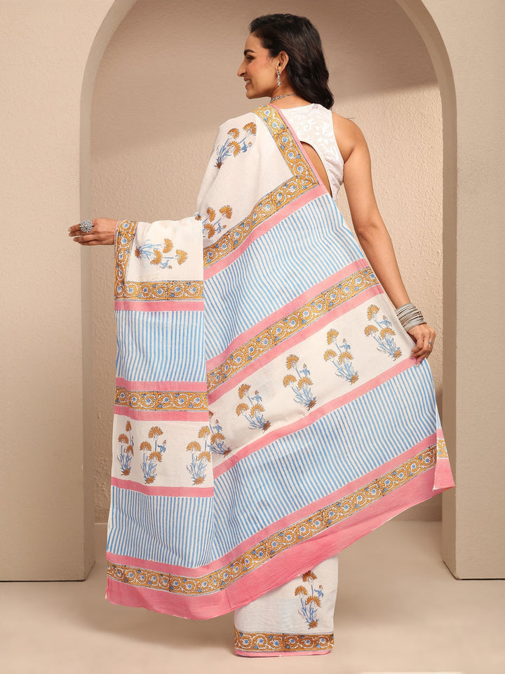 White Printed Cotton Saree With Unstitched Blouse Piece