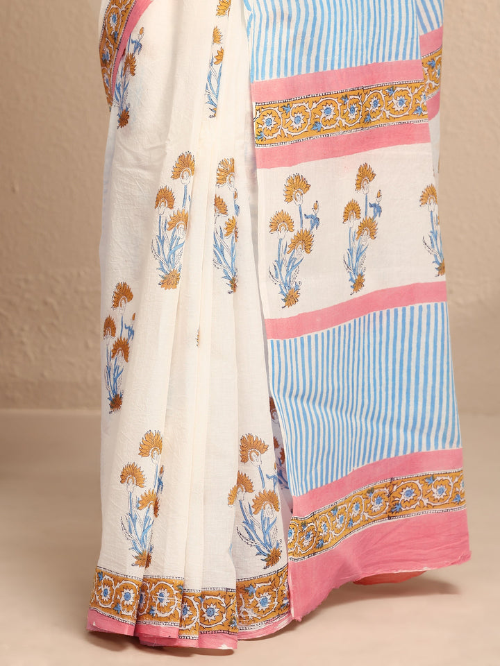 White Printed Cotton Saree With Unstitched Blouse Piece