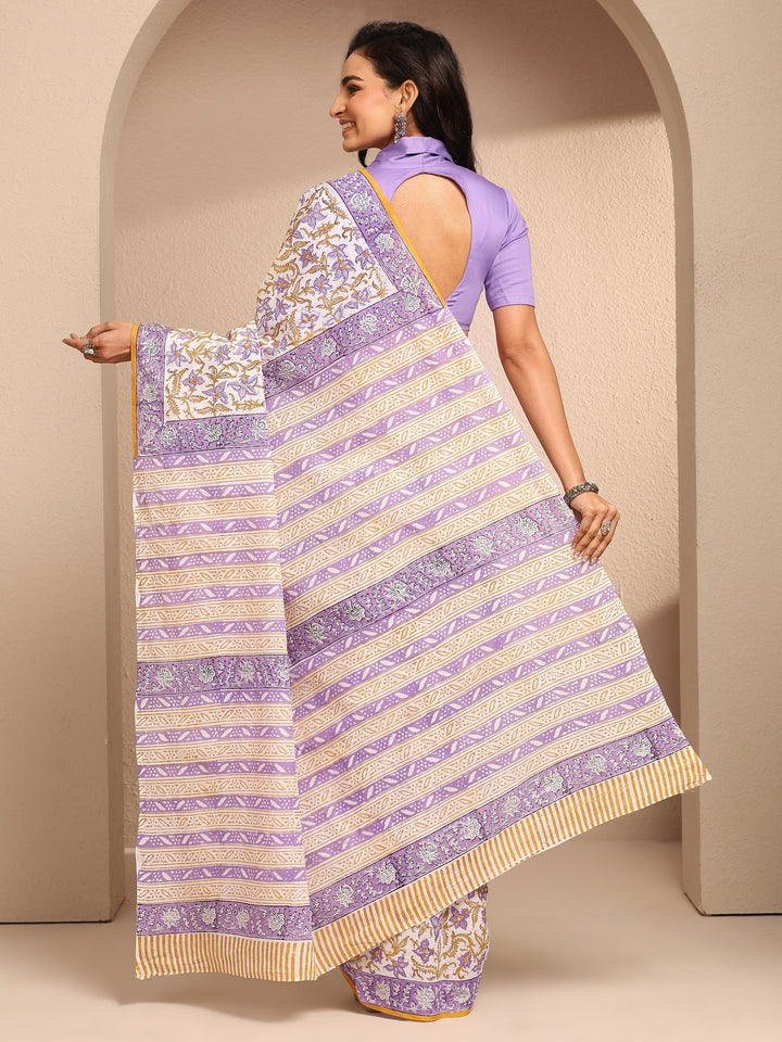 White Printed Cotton Saree With Unstitched Blouse Piece