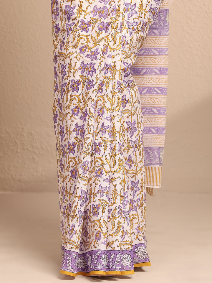 White Printed Cotton Saree With Unstitched Blouse Piece