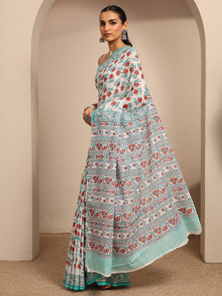 White Printed Cotton Saree With Unstitched Blouse Piece
