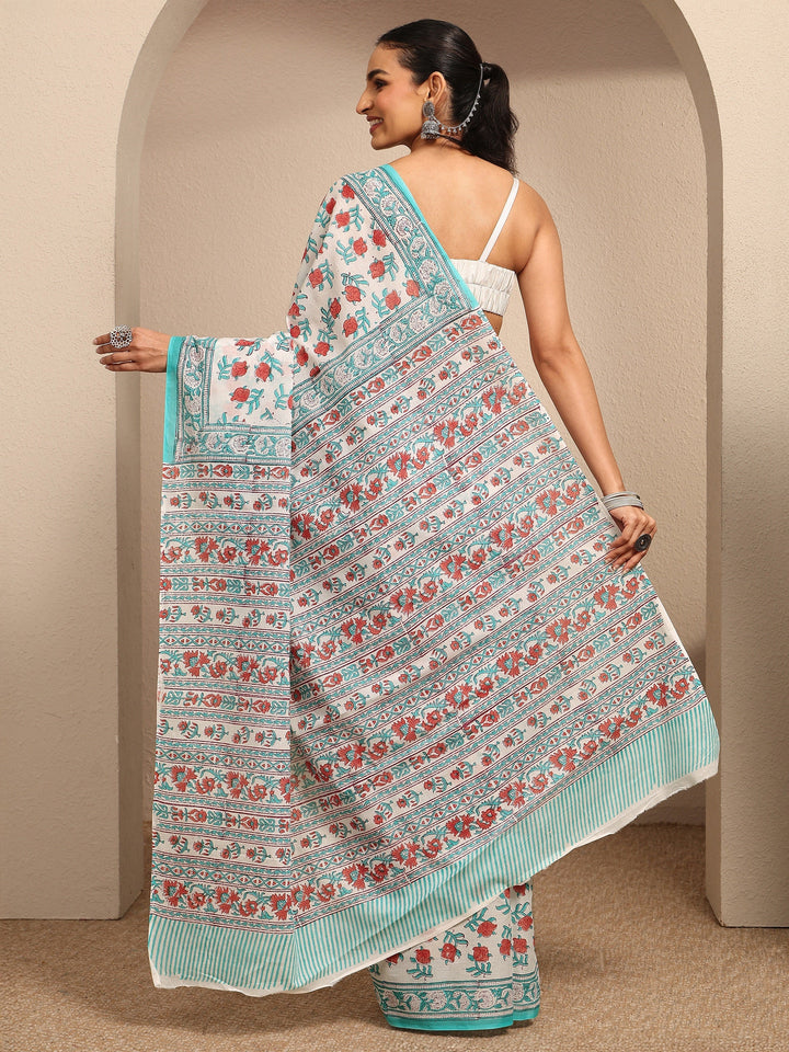 White Printed Cotton Saree With Unstitched Blouse Piece