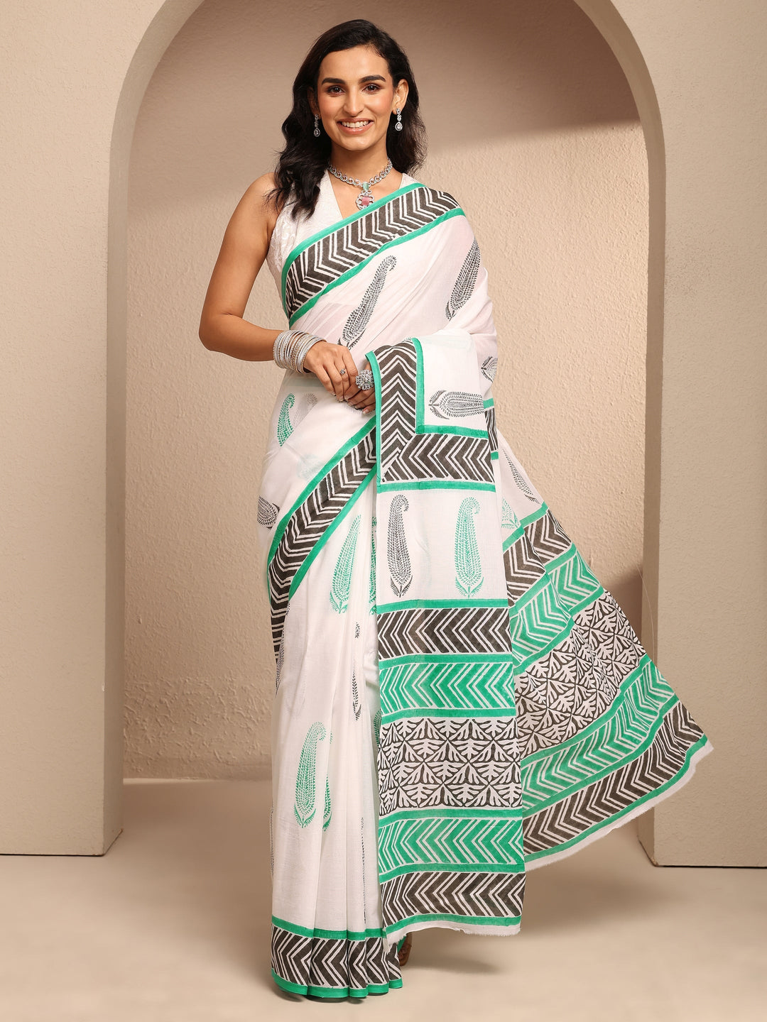 White Block Printed Cotton Saree With Unstitched Blouse Piece