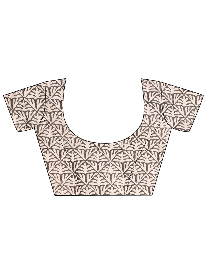White Block Printed Cotton Saree With Unstitched Blouse Piece