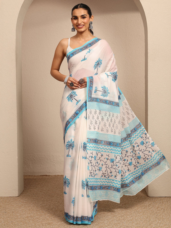 White Tropical Printed Cotton Saree With Unstitched Blouse Piece