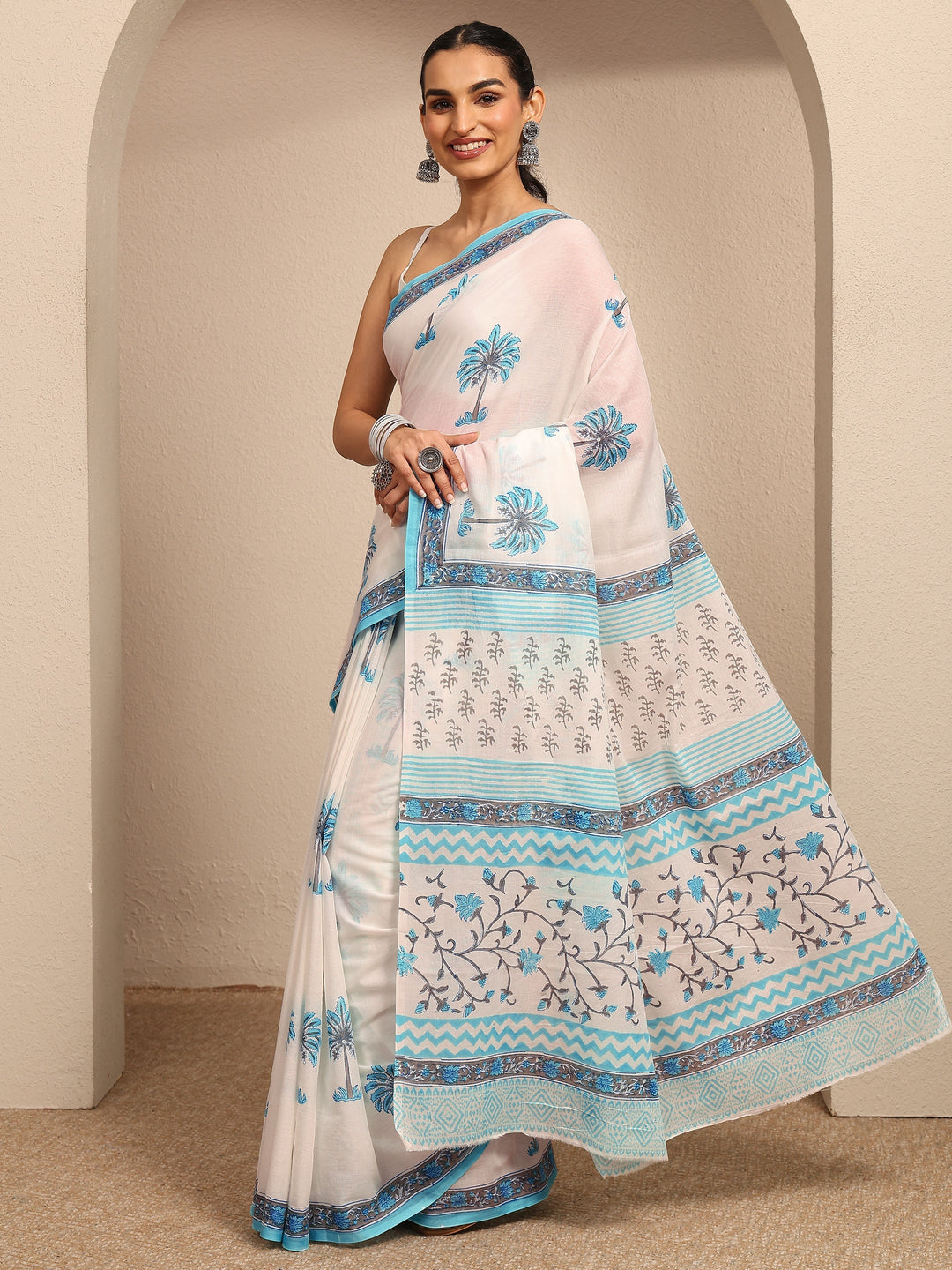 White Tropical Printed Cotton Saree With Unstitched Blouse Piece