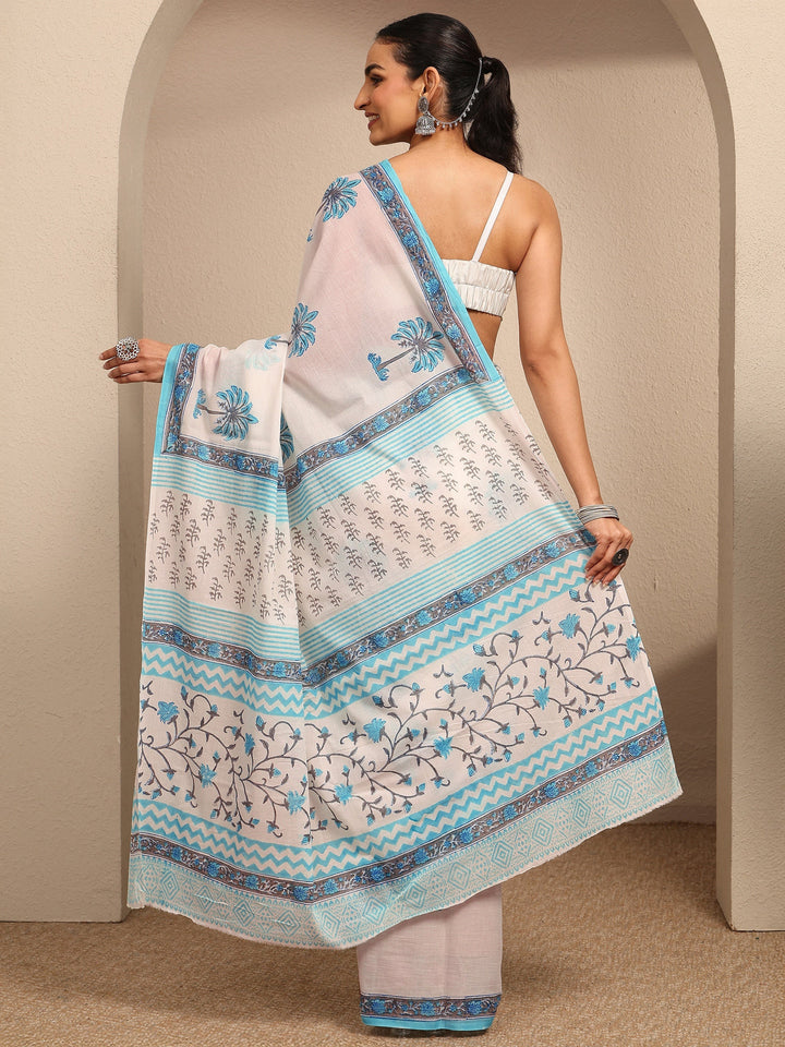 White Tropical Printed Cotton Saree With Unstitched Blouse Piece