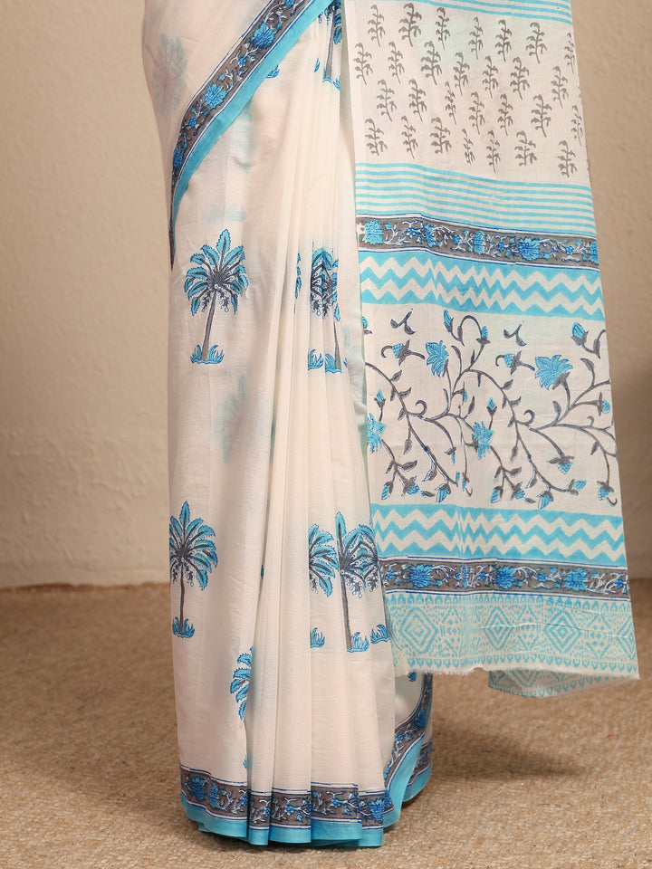 White Tropical Printed Cotton Saree With Unstitched Blouse Piece