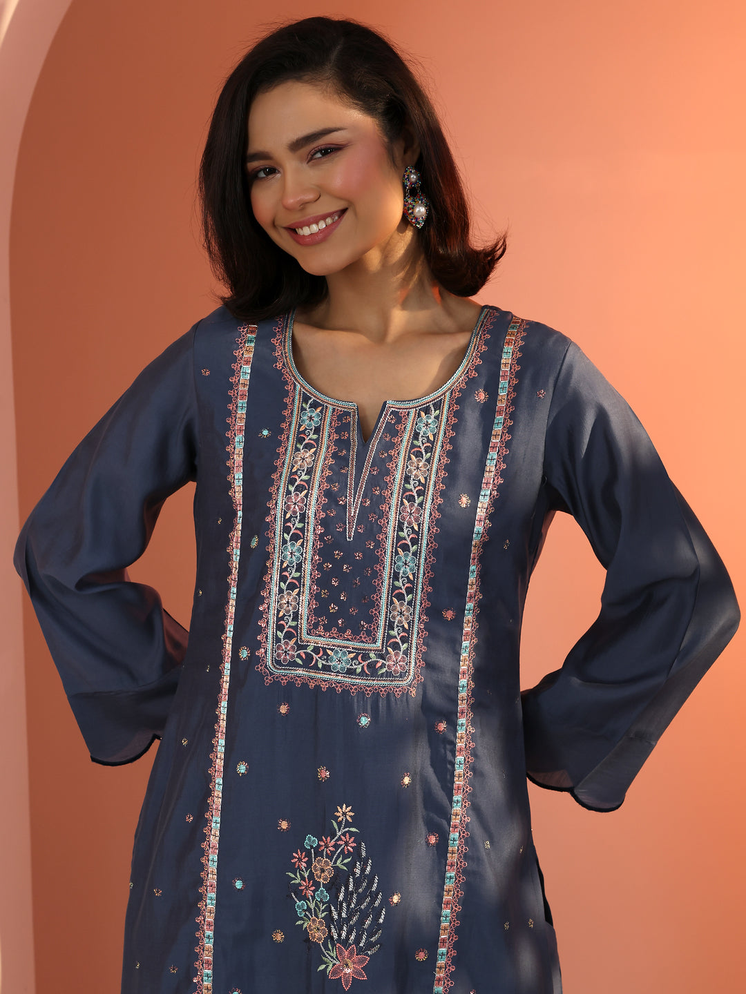 Blue Embroidered Silk Blend Straight Suit Set With Dupatta