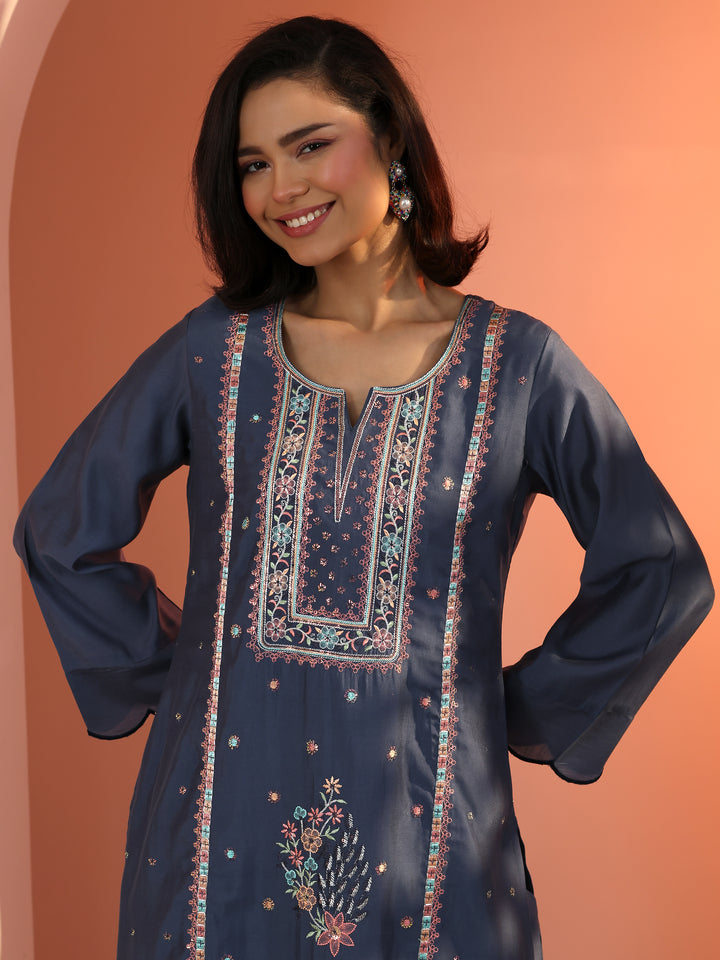 Blue Embroidered Silk Blend Straight Suit Set With Dupatta