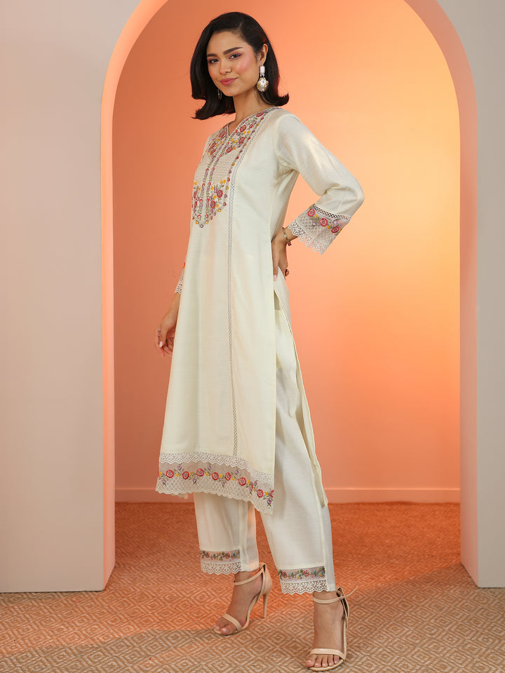Off White Embroidered Silk Blend Straight Suit Set With Dupatta