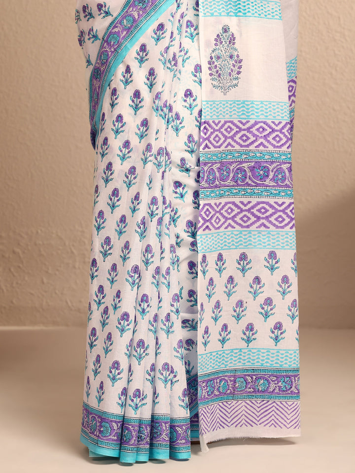 White Printed Cotton Saree With Unstitched Blouse Piece