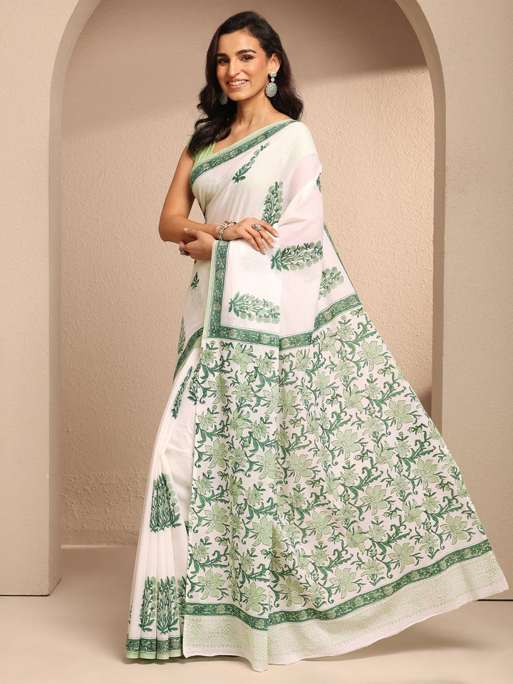 White Printed Cotton Saree With Unstitched Blouse Piece