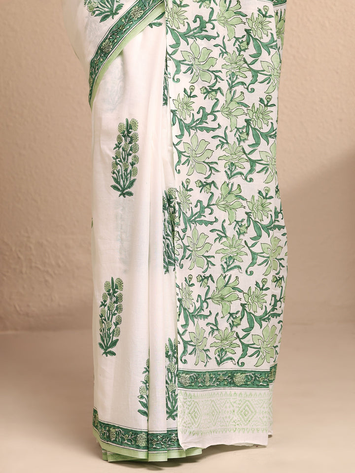 White Printed Cotton Saree With Unstitched Blouse Piece