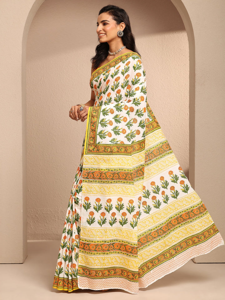 White Printed Cotton Saree With Unstitched Blouse Piece