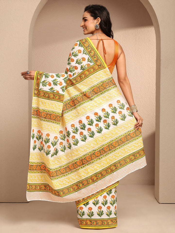 White Printed Cotton Saree With Unstitched Blouse Piece