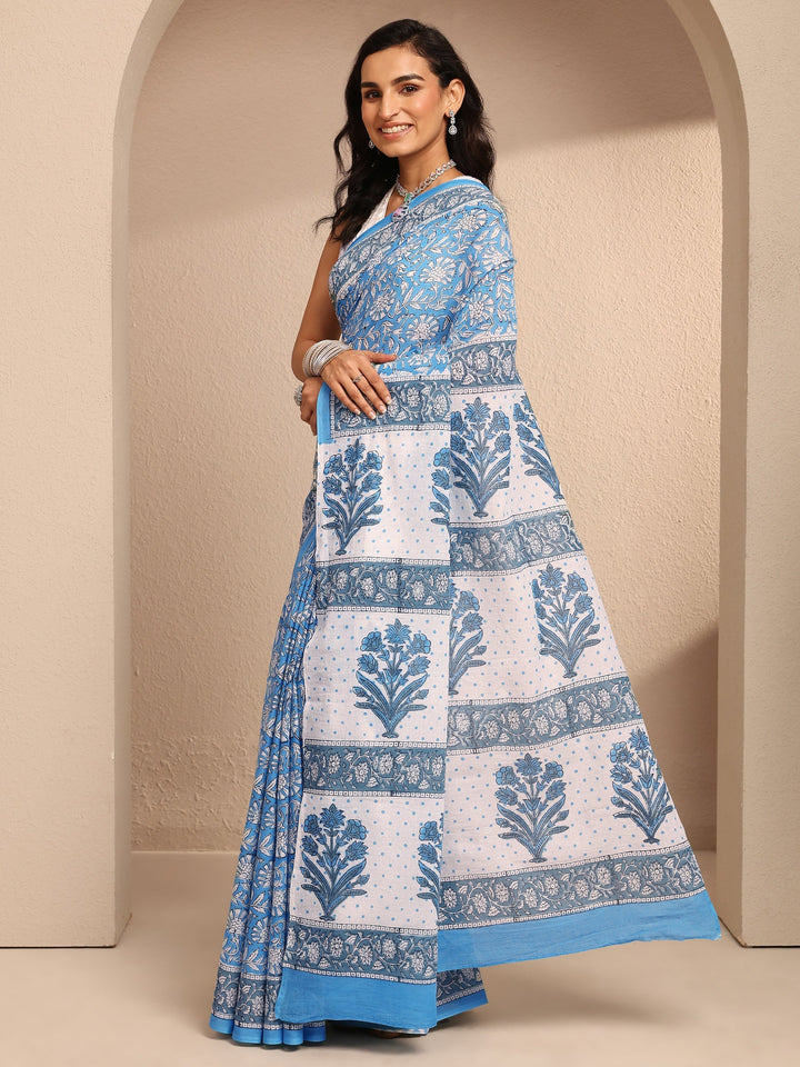 Blue Printed Cotton Saree With Unstitched Blouse Piece