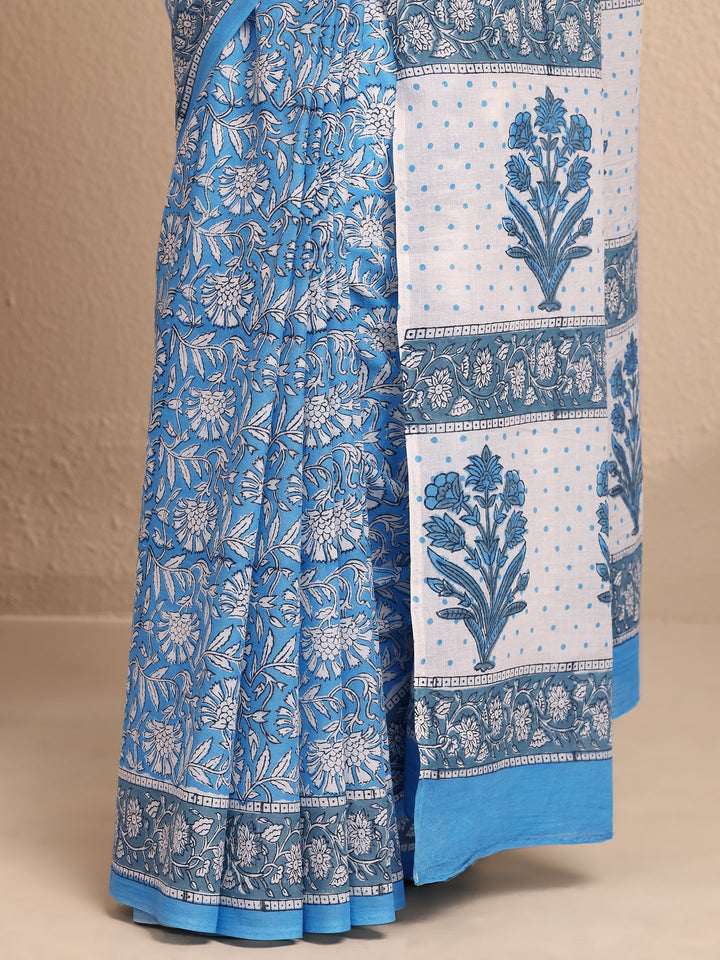 Blue Printed Cotton Saree With Unstitched Blouse Piece