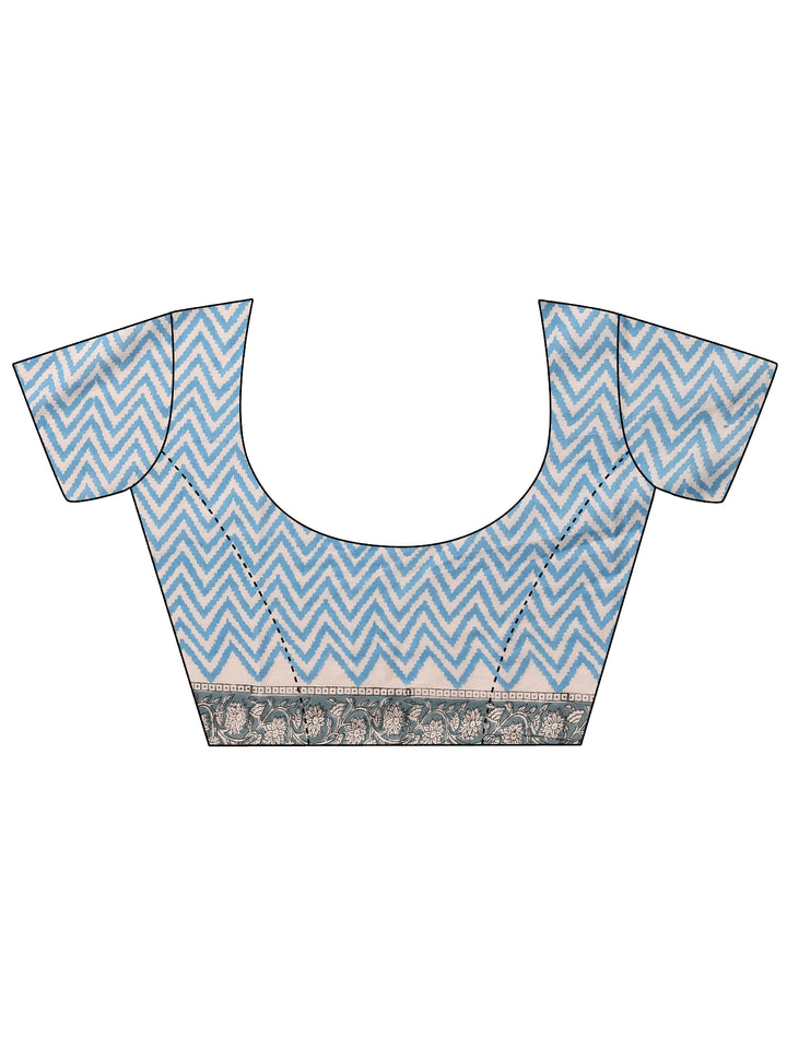Blue Printed Cotton Saree With Unstitched Blouse Piece