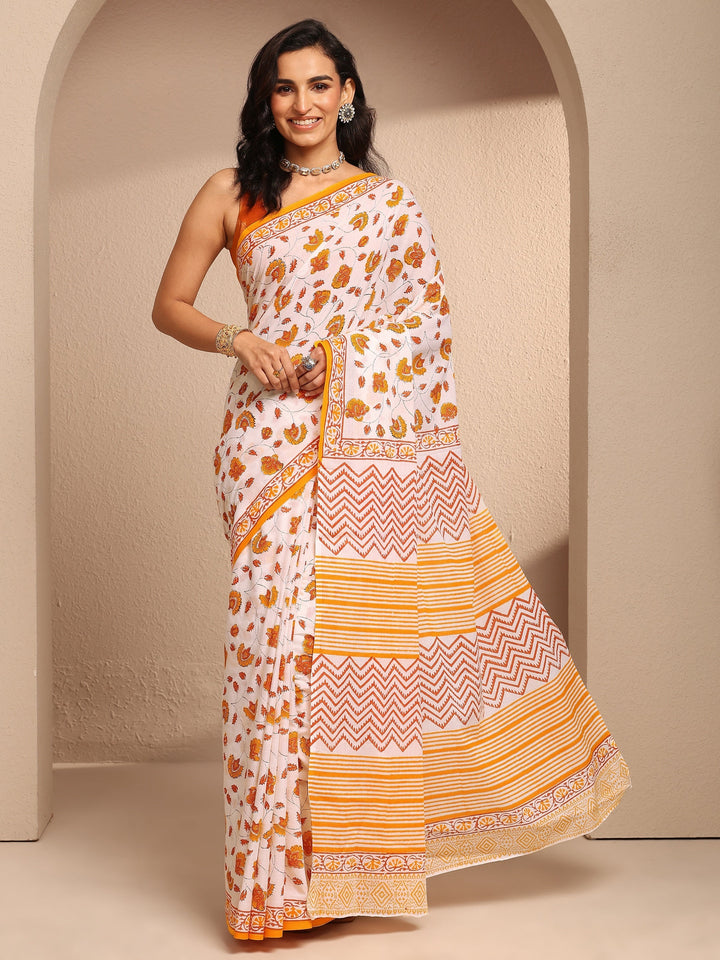 White Printed Cotton Saree With Unstitched Blouse Piece