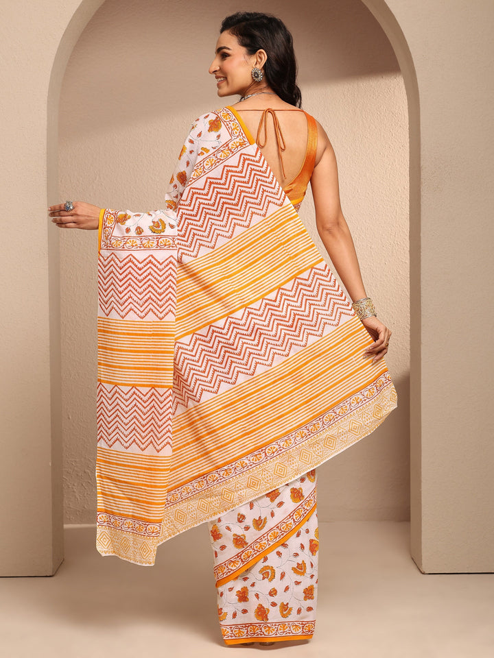White Printed Cotton Saree With Unstitched Blouse Piece