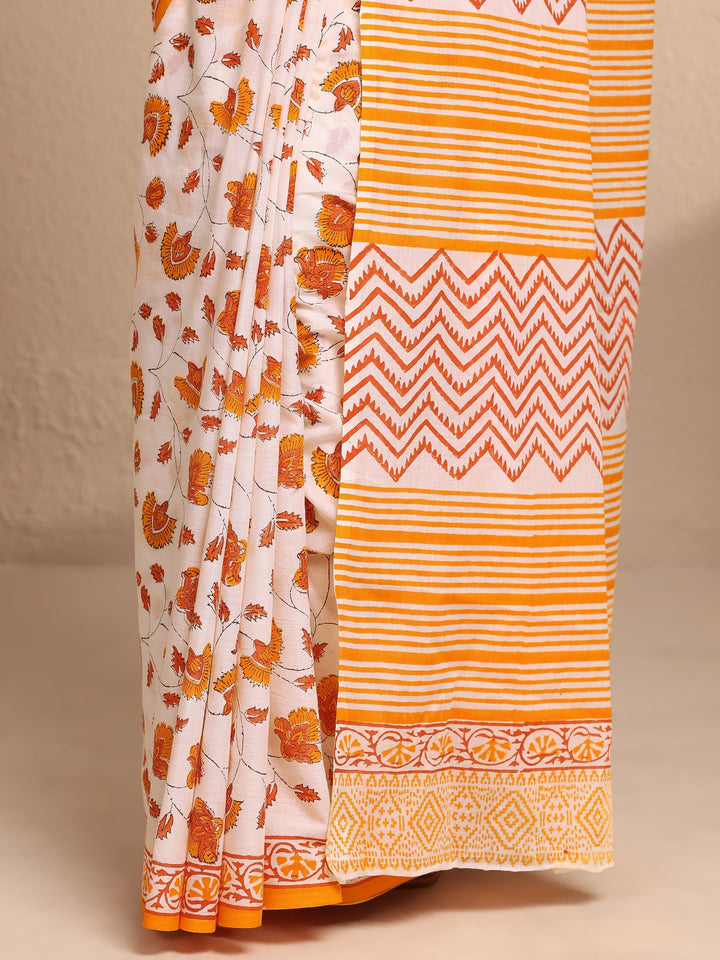 White Printed Cotton Saree With Unstitched Blouse Piece