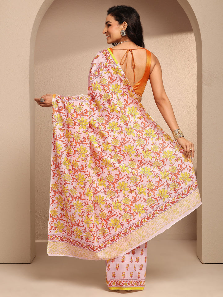 White Printed Cotton Saree With Unstitched Blouse Piece