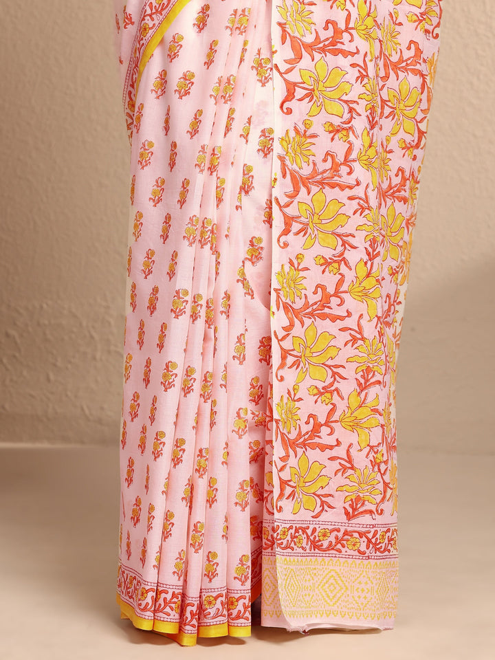 White Printed Cotton Saree With Unstitched Blouse Piece