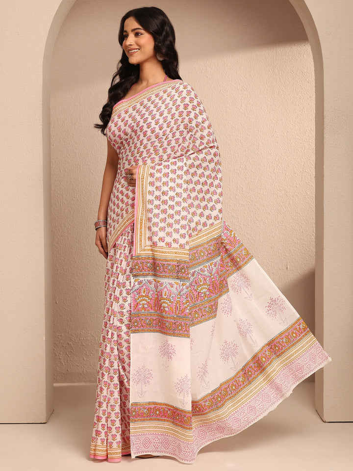 White Printed Cotton Saree With Unstitched Blouse Piece
