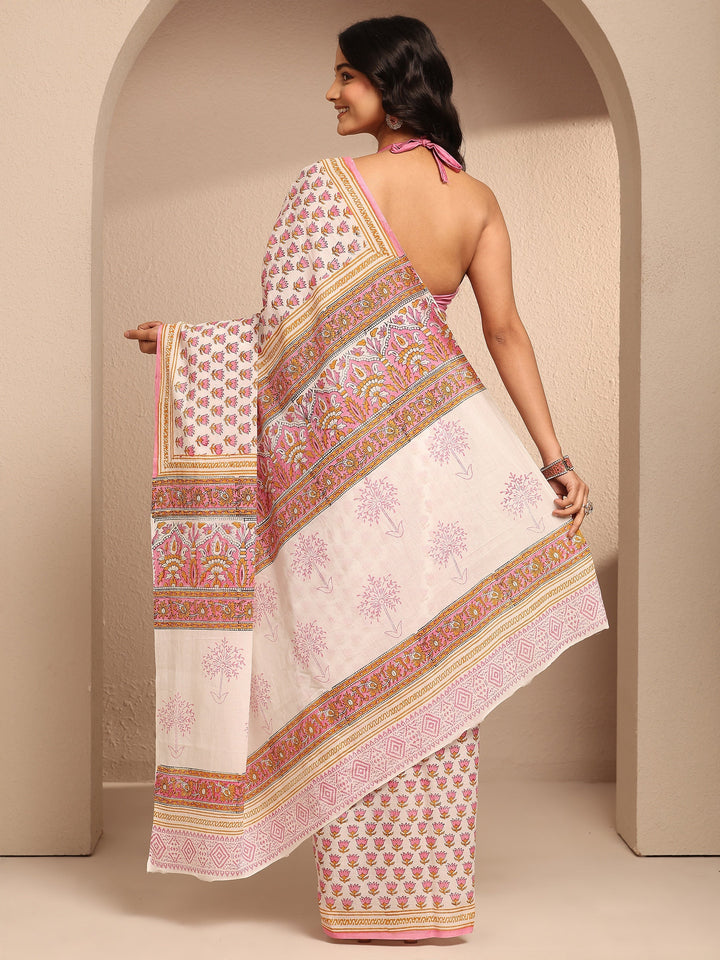 White Printed Cotton Saree With Unstitched Blouse Piece