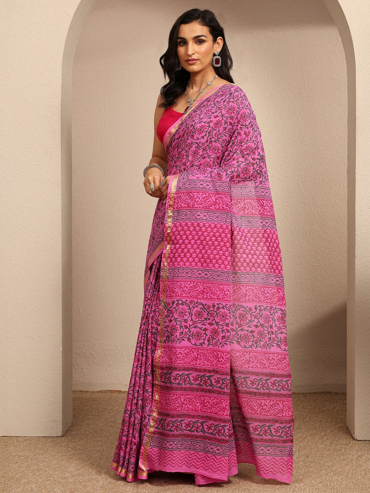 Pink Printed Cotton Saree With Unstitched Blouse Piece