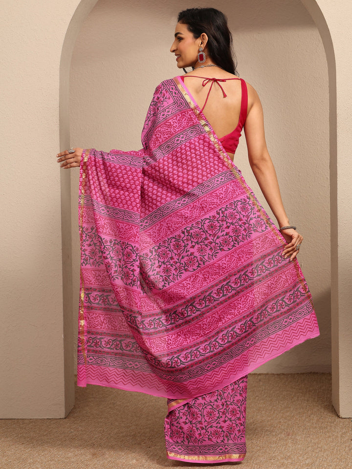 Pink Printed Cotton Saree With Unstitched Blouse Piece