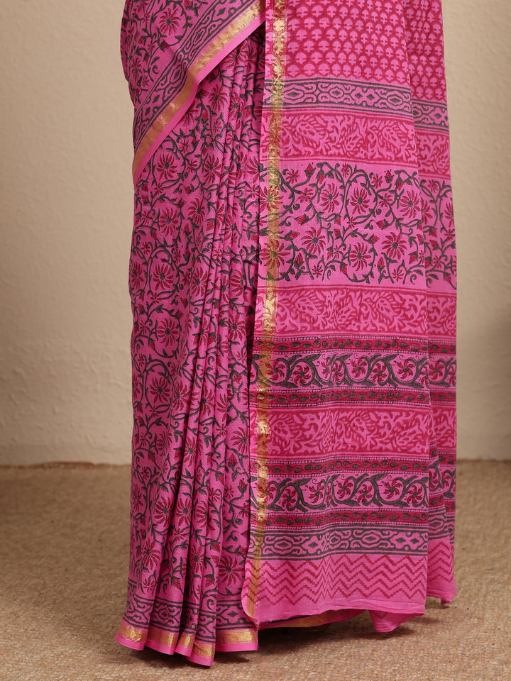 Pink Printed Cotton Saree With Unstitched Blouse Piece