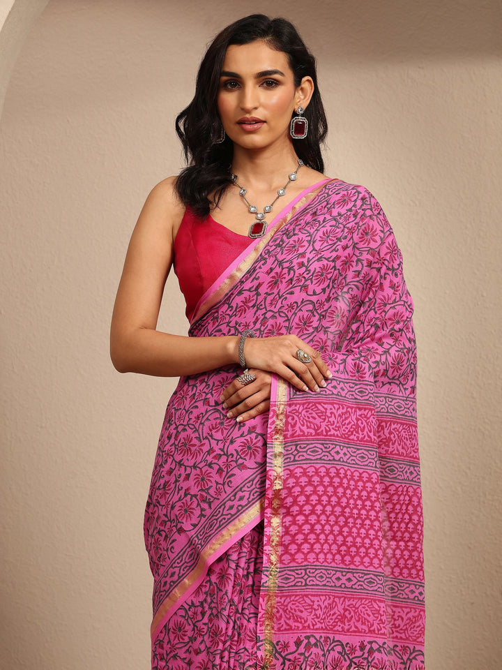 Pink Printed Cotton Saree With Unstitched Blouse Piece